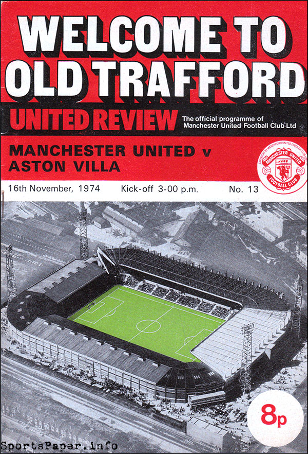 English Football Program: Manchester United vs. Aston Villa (November 16, 1974)