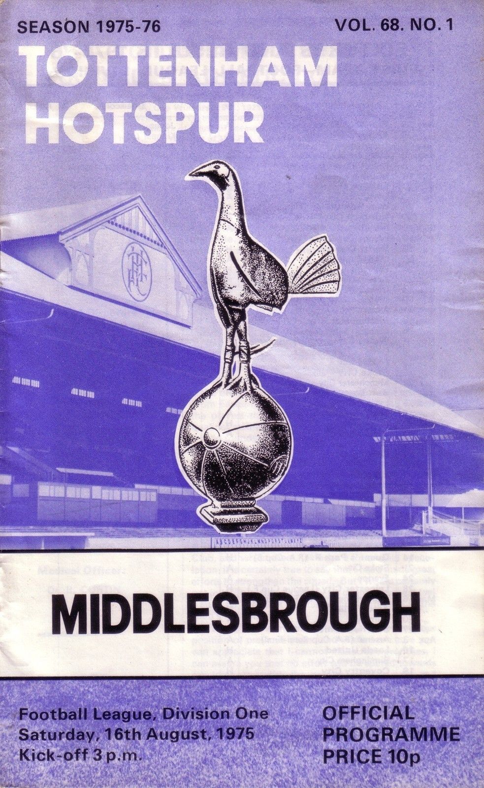 English Football Program: Tottenham Hotspur vs. Middlesbrough (August 16, 1975)