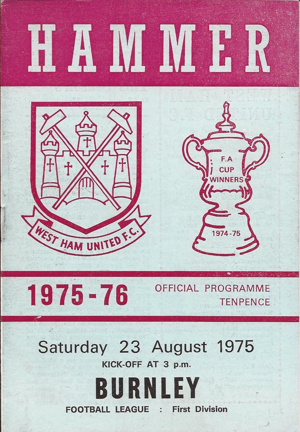 English Football Program: West Ham United vs. Burnley (August 23, 1975)