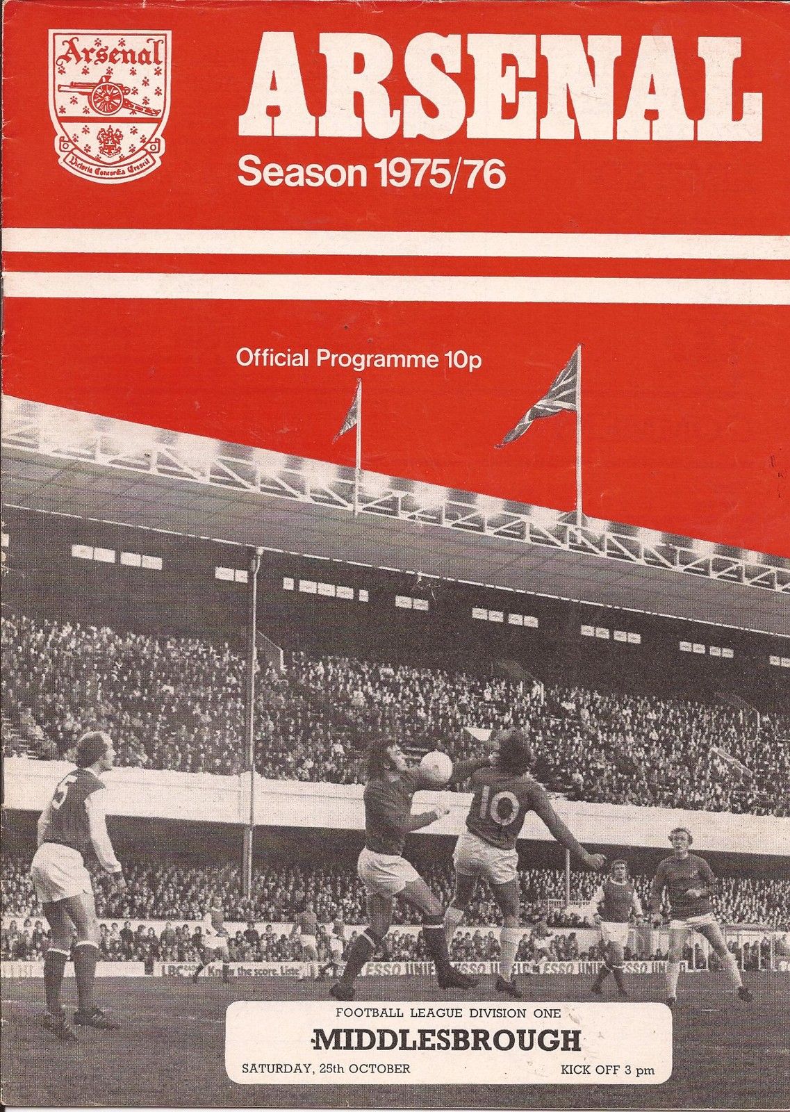 English Football Program: Arsenal vs. Middlesbrough (October 25, 1975)