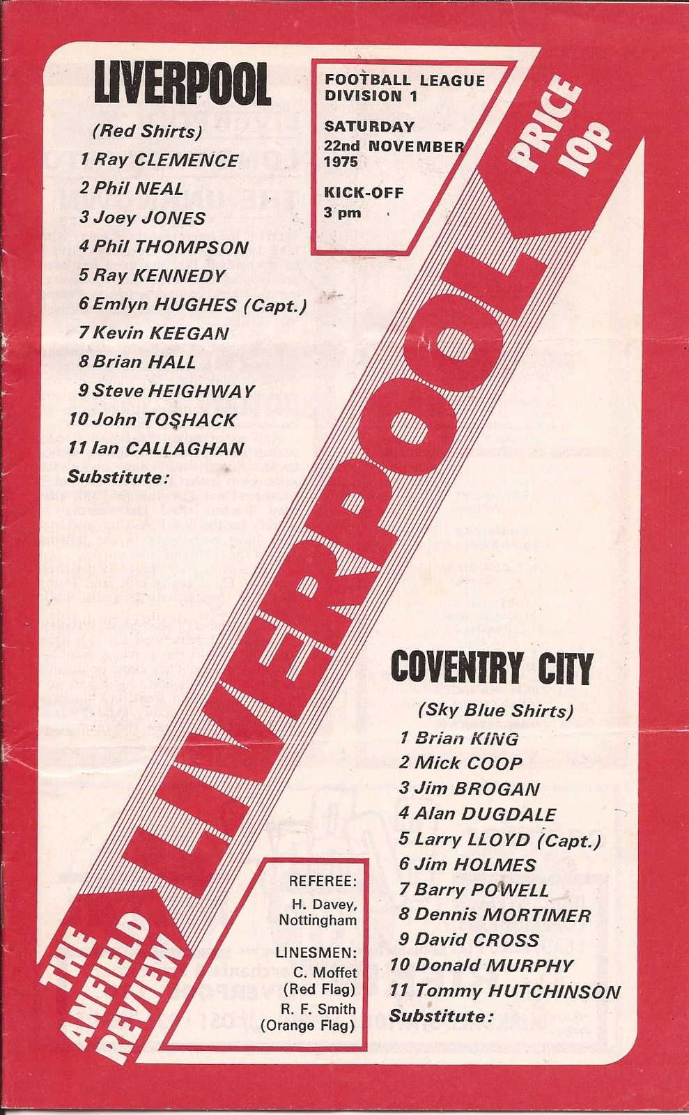 English Football Program: Liverpool vs. Coventry City (November 22, 1975)