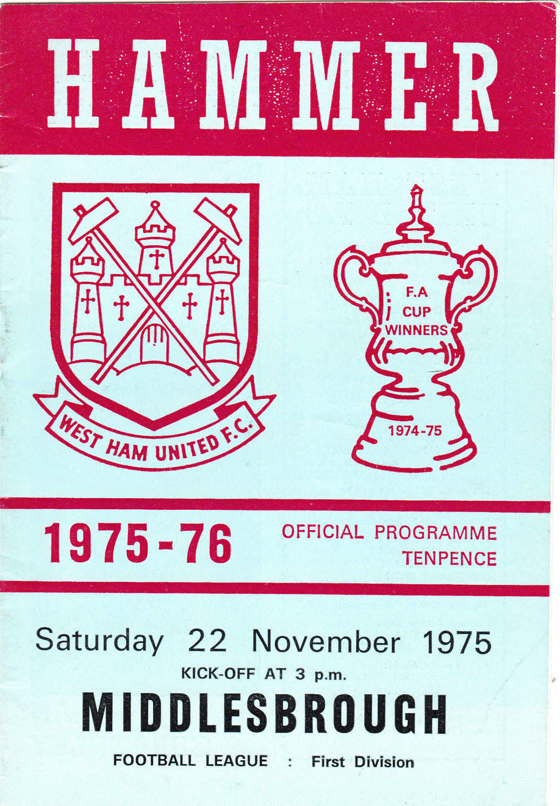 English Football Program: West Ham United vs. Middlesbrough (November 22, 1975)