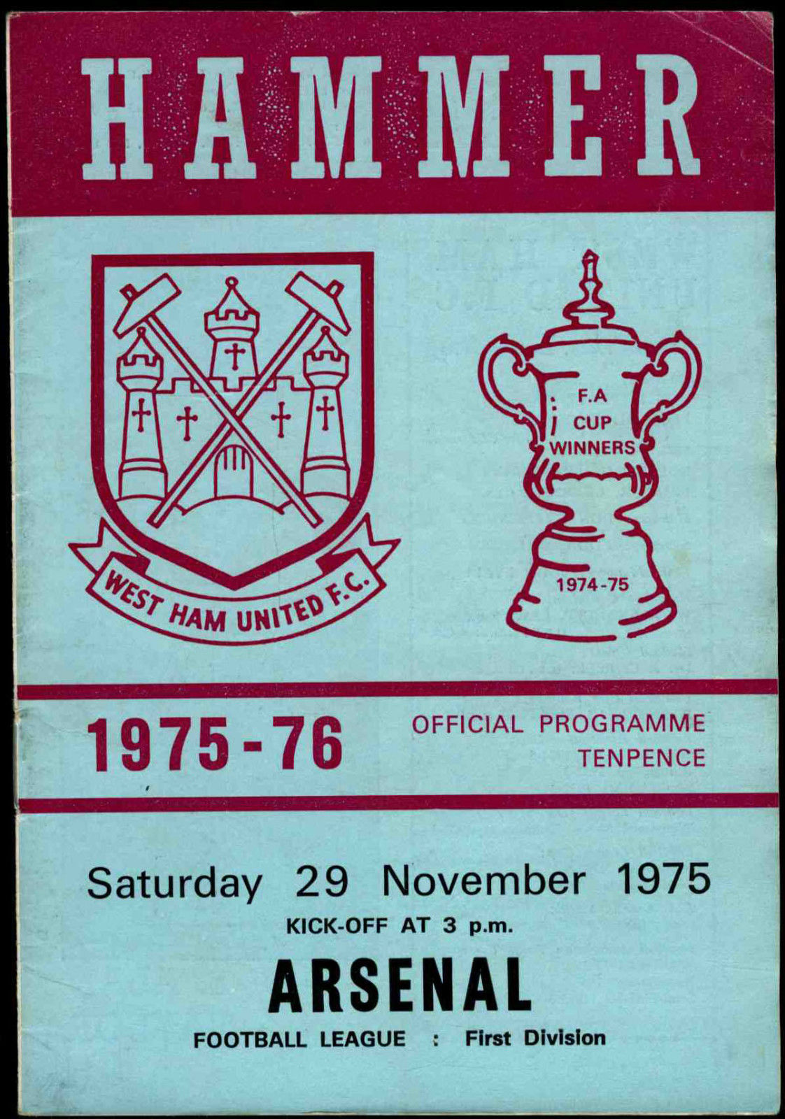 English Football Program: West Ham United vs. Arsenal (November 29, 1975)