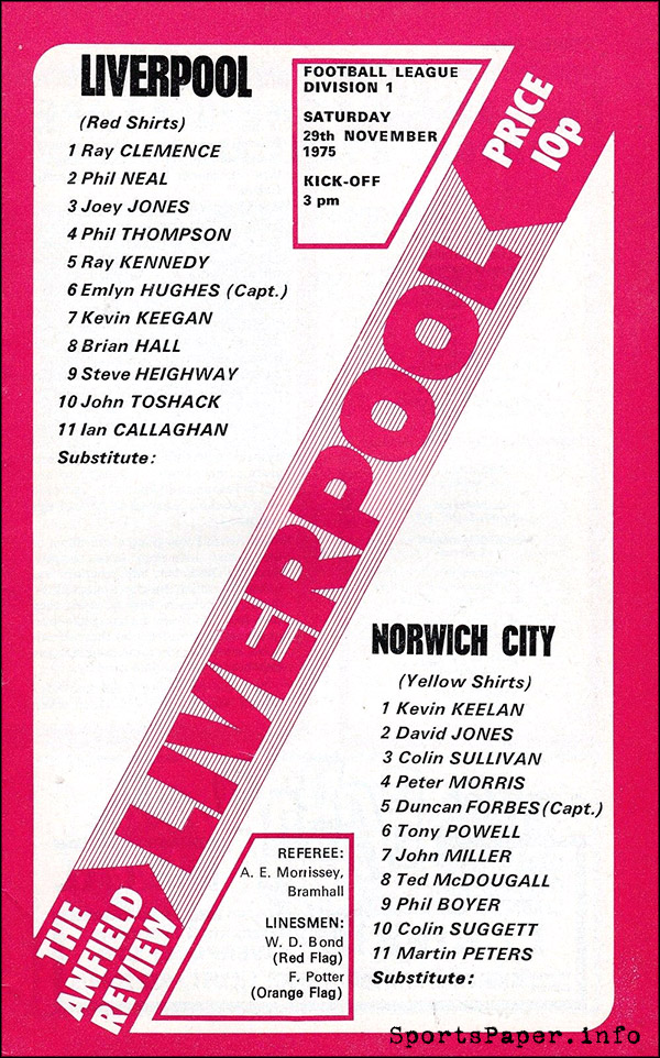 English Football Program: Liverpool vs. Norwich City (November 29, 1975)