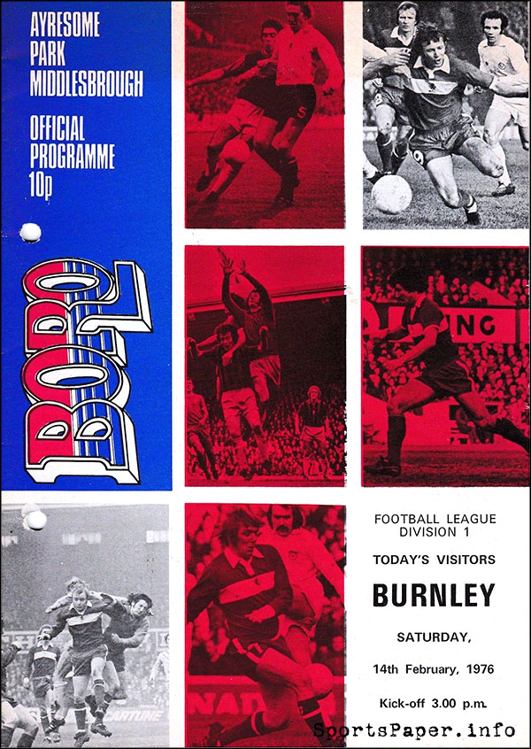 English Football Program: Middlesbrough vs. Burnley (February 14, 1976)