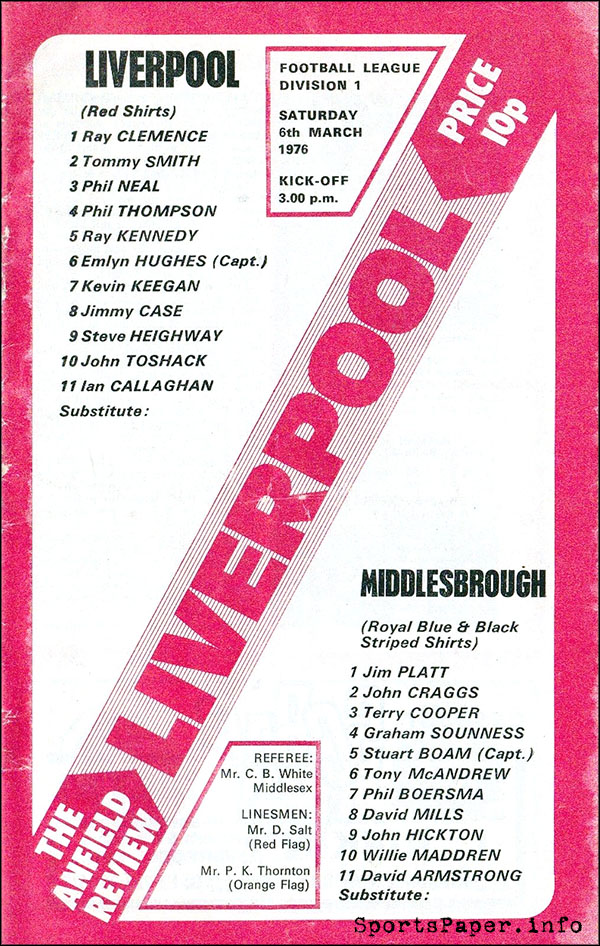 English Football Program: Liverpool vs. Middlesbrough (March 6, 1976)