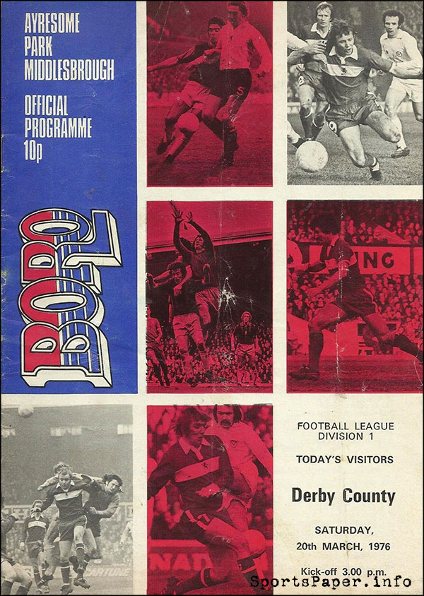 English Football Program: Middlesbrough vs. Derby County (March 20, 1976)