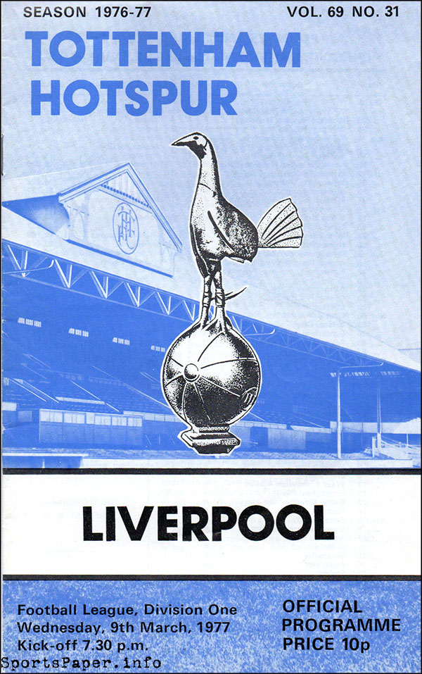 English Football Program: Tottenham Hotspur vs. Liverpool (March 9, 1977)