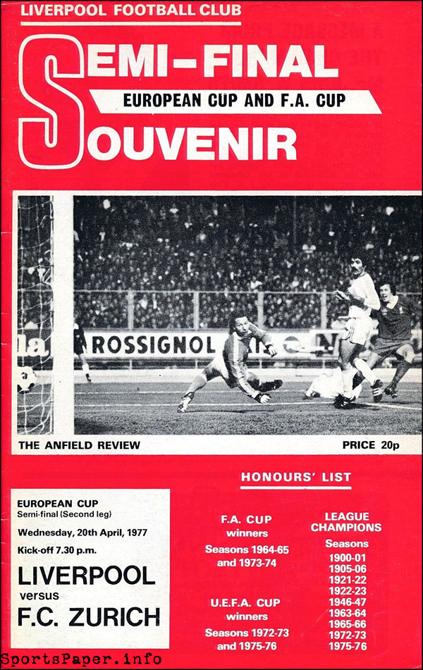 English Football Program: Liverpool vs. FC Zürich (April 20, 1977)