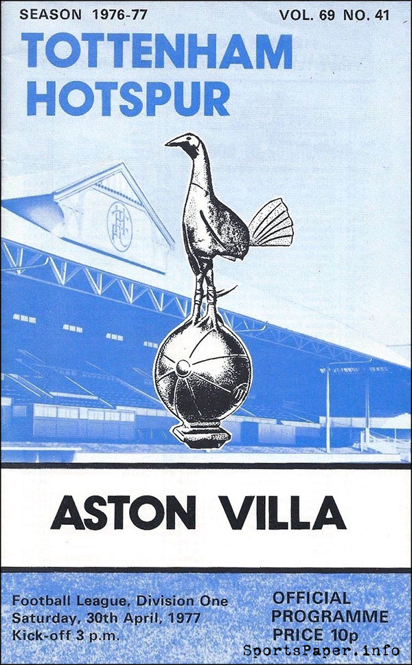 English Football Program: Tottenham Hotspur vs. Aston Villa (April 30, 1977)
