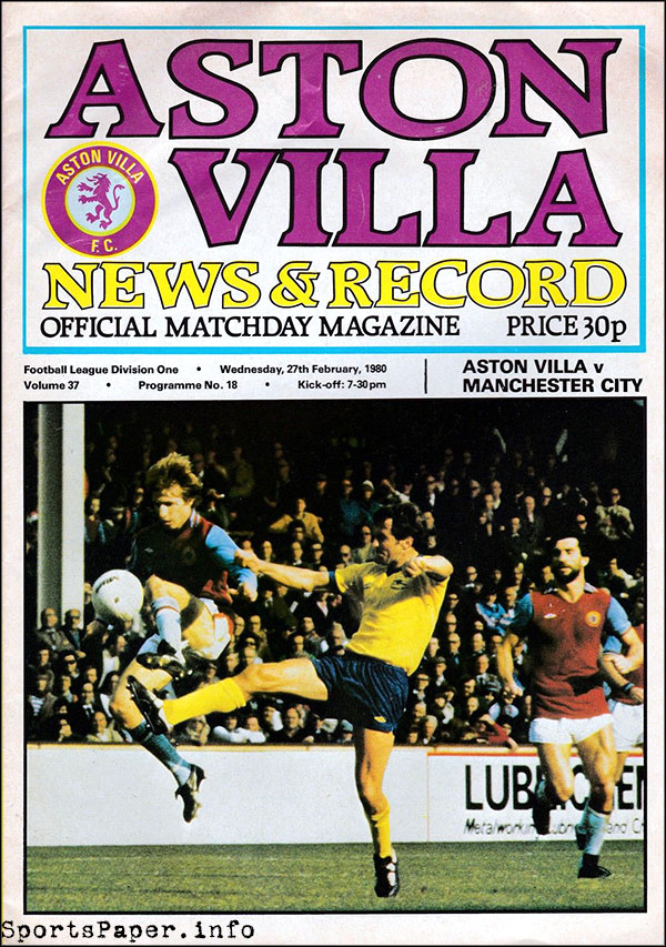 English Football Program: Aston Villa vs. Manchester City (February 27, 1980)