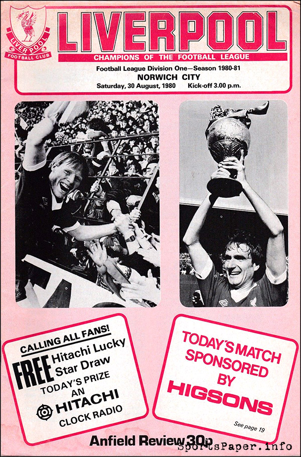 English Football Program: Liverpool vs. Norwich City (August 30, 1980)