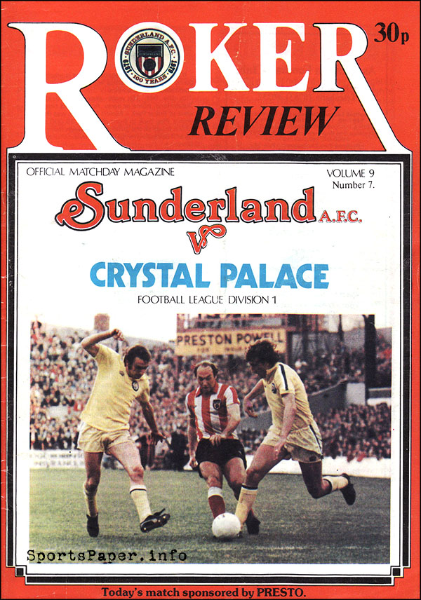 English Football Program: Sunderland vs. Crystal Palace (October 11, 1980)