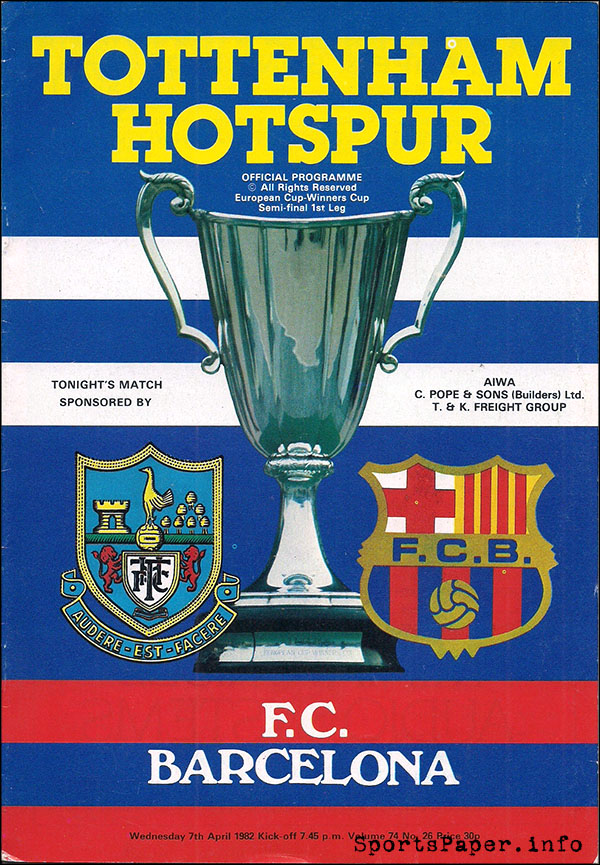 English Football Program: Tottenham Hotspur vs. F.C. Barcelona (April 7, 1982)