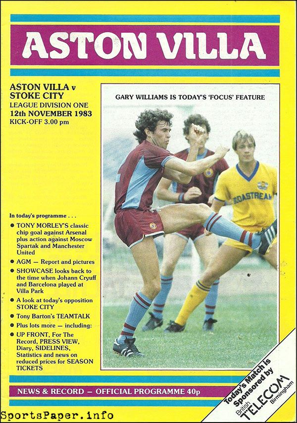 English Football Program: Aston Villa vs. Stoke City (November 12, 1983)