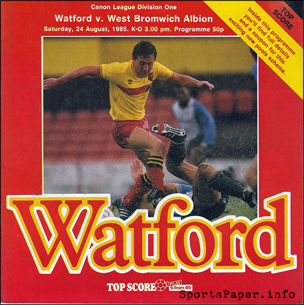 English Football Program: Watford vs. West Bromwich Albion (August 24, 1985)