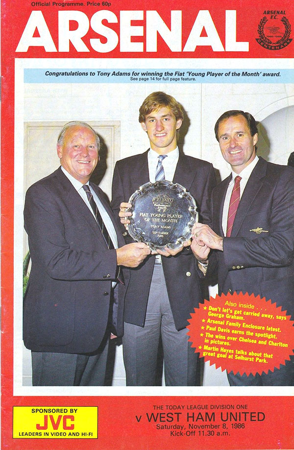 English Football Program: Arsenal vs. West Ham United (November 8, 1986)