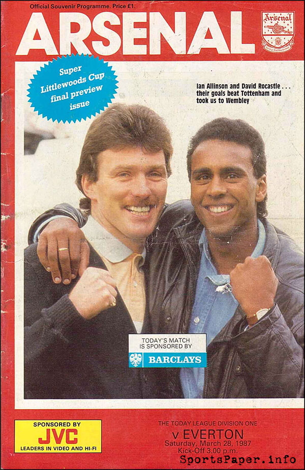 English Football Program: Arsenal vs. Everton (March 28, 1987)