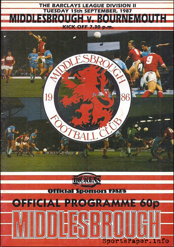 English Football Program: Middlesbrough vs. AFC Bournemouth (September 15, 1987)