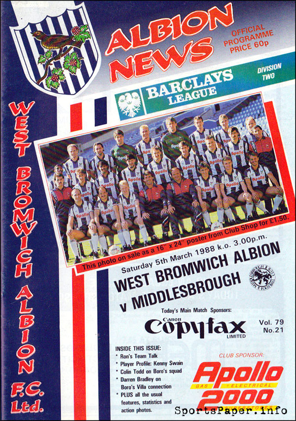 English Football Program: West Bromwich Albion vs. Middlesbrough (March 5, 1988)