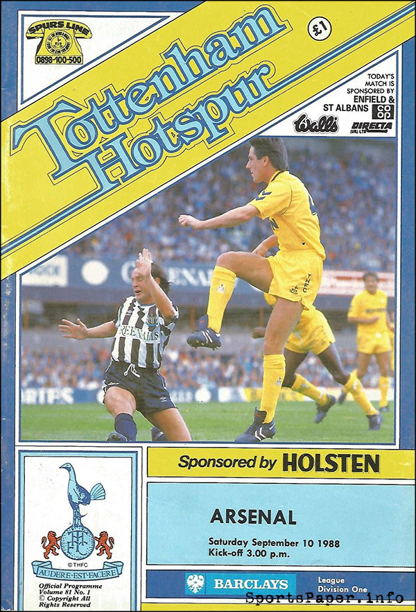 English Football Program: Tottenham Hotspur vs. Arsenal (September 10, 1988)
