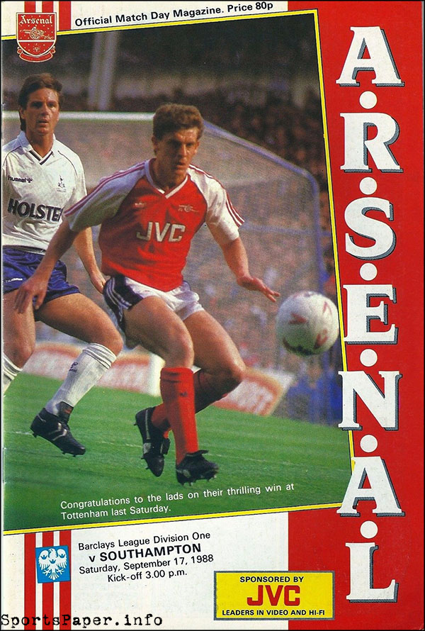 English Football Program: Arsenal vs. Southampton (September 17, 1988)