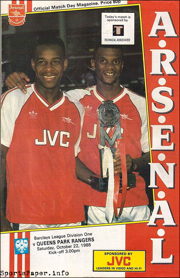 English Football Program: Arsenal vs. Queens Park Rangers (October 22, 1988)