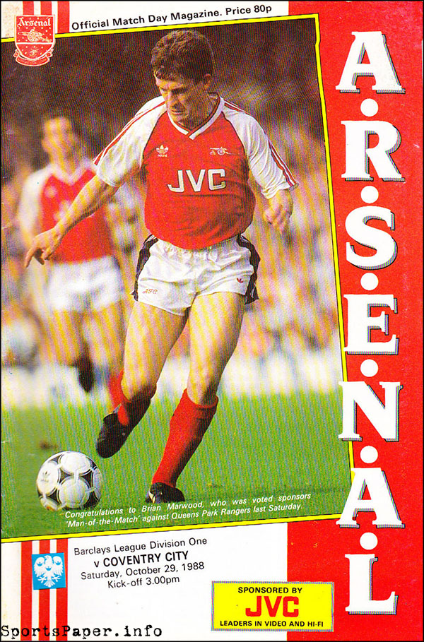 English Football Program: Arsenal vs. Coventry City (October 29, 1988)
