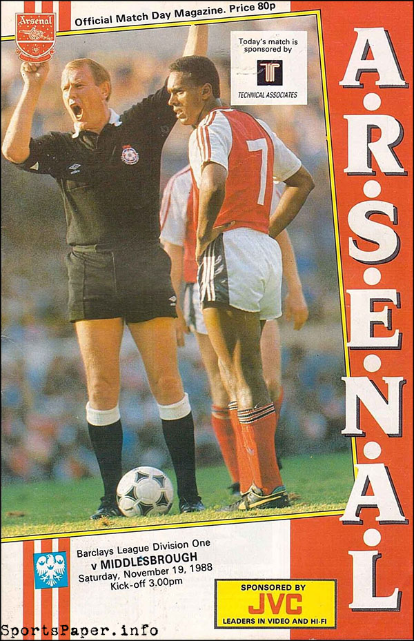 English Football Program: Arsenal vs. Middlesbrough (November 19, 1988)