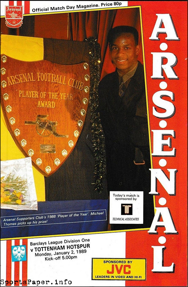 English Football Program: Arsenal vs. Tottenham Hotspur (January 2, 1989)