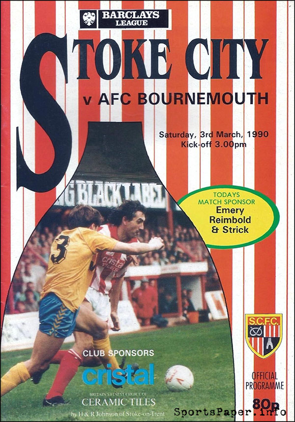 English Football Program: Stoke City vs. AFC Bournemouth (March 3, 1990)