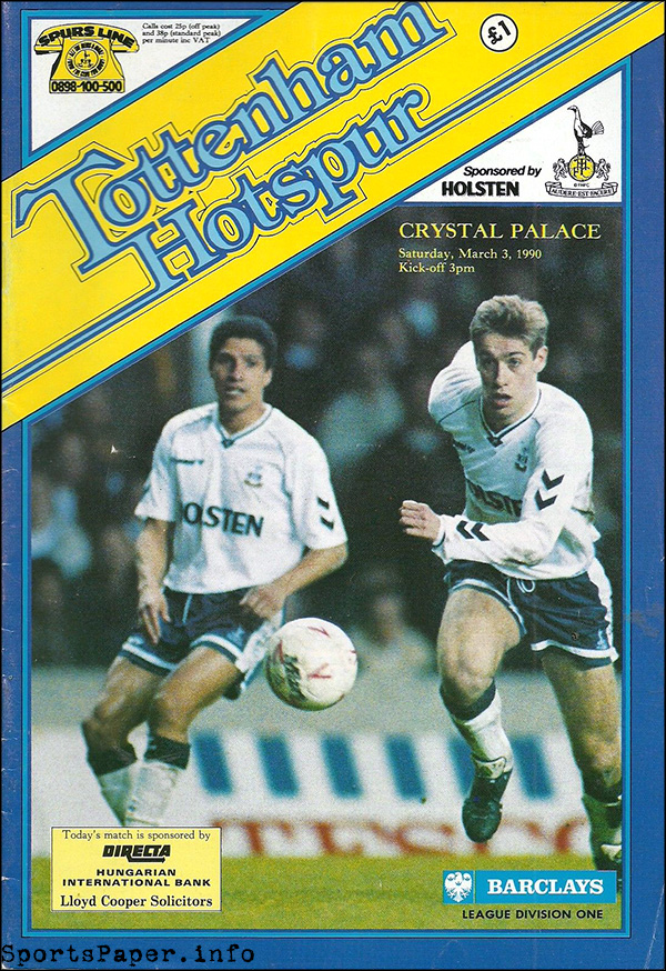 English Football Program: Tottenham Hotspur vs. Crystal Palace (March 3, 1990)